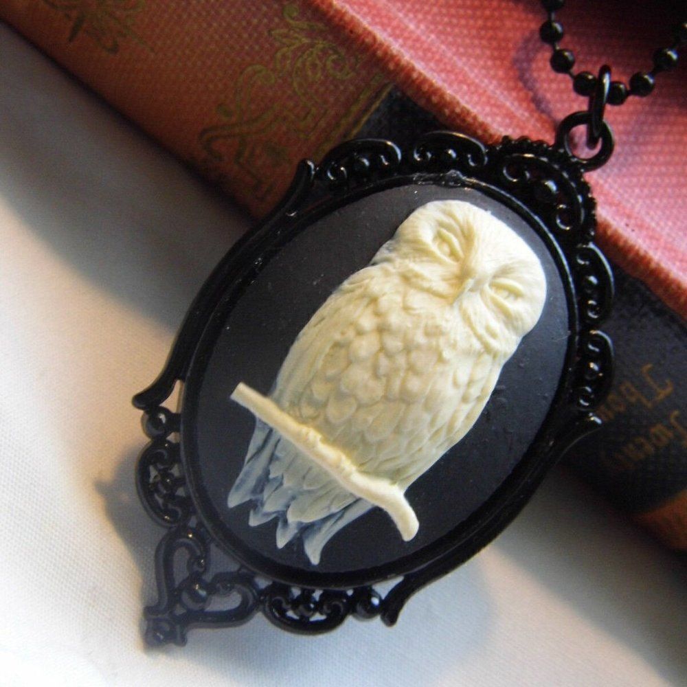 Valentines Gift Rockabilly Goth Owl Bird Cameo Black Necklace Gothic Barn Hoot 27$